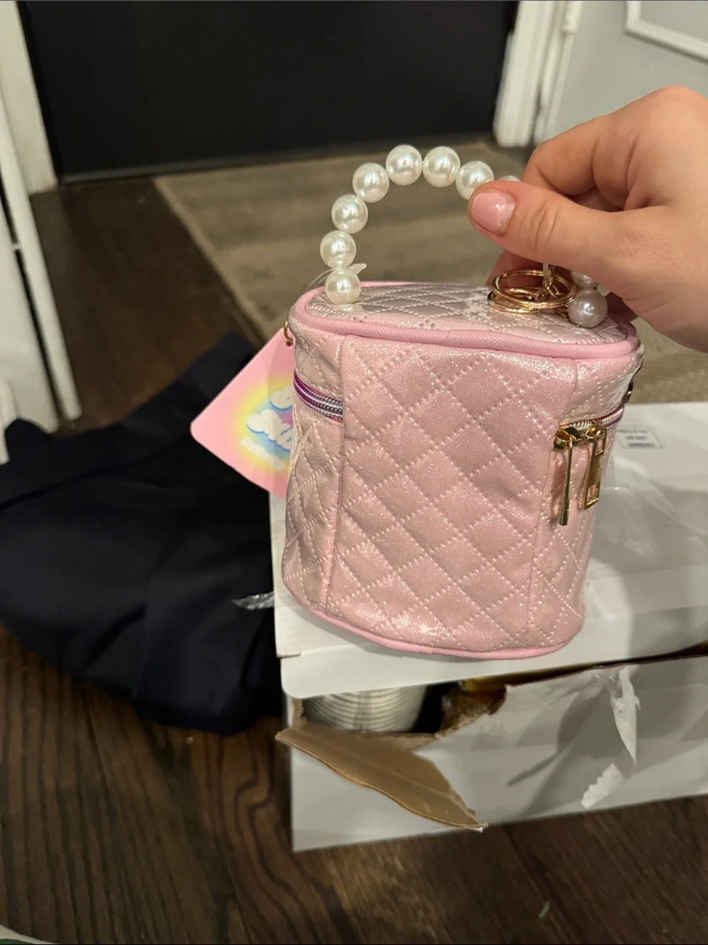 Pink Quilted Pearl-Handle Kids side Bag with charms and long chain NWT